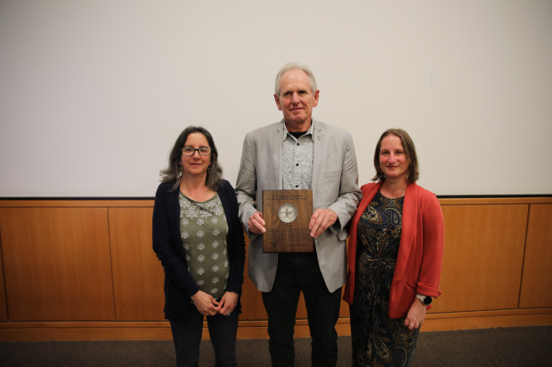 Statistics Department Head Nicole Lazar and Interim Executive Vice President and Provost Tracy Langkilde presenting the 2025 C.R. and Bhargavi Rao Prize to Trevor Hastie