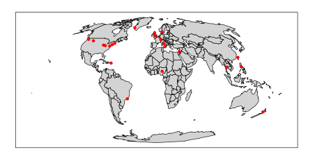 Here is a map with dots at author locations