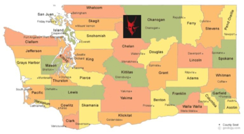 Map of counties of Washington State, U.S.A. (Map is from Geology.com and devil is from MachoCarioca at Wikimedia Commons).